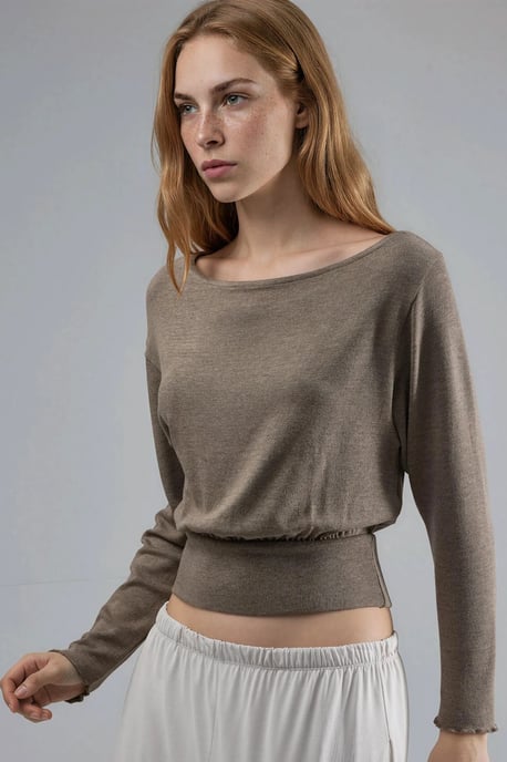 Boat Neck Long Sleeve Elastic Blouse - Image 2