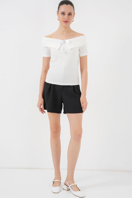 Boat Neck Ribbed Blouse with Bow - Image 2