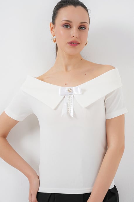 Boat Neck Ribbed Blouse with Bow - Image 3