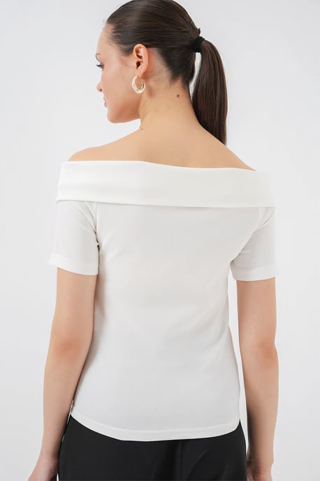 Boat Neck Ribbed Blouse with Bow - Image 5