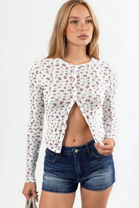 Floral Ribbed Crop Blouse with Button Closure - Image 2