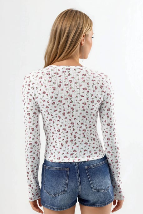Floral Ribbed Crop Blouse with Button Closure - Image 4