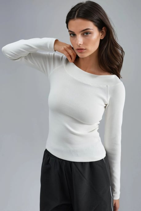 Slim Fit Geribbelde Bootneck Blouse - Image 1