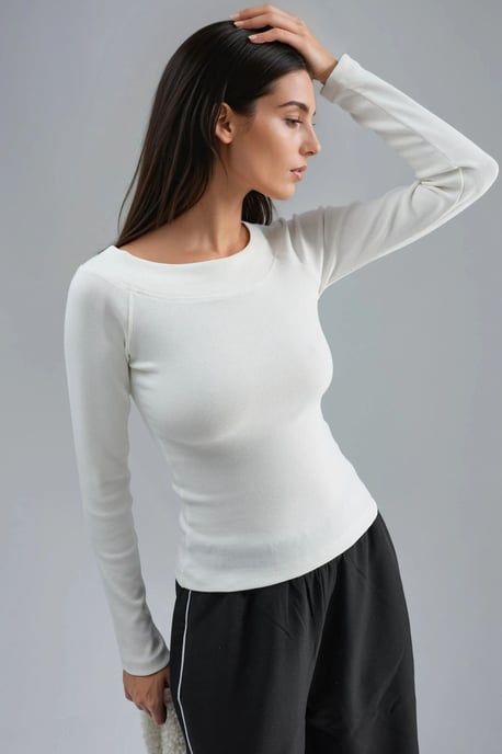 Slim Fit Geribbelde Bootneck Blouse - Image 2