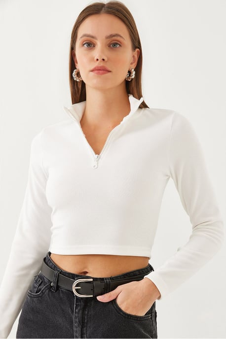 Geribbelde Lange Mouw Croptop met Ritskraag - Image 1