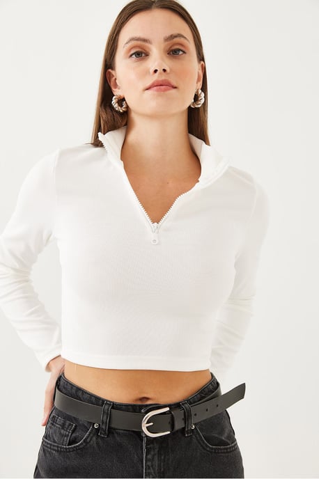 Geribbelde Lange Mouw Croptop met Ritskraag - Image 2