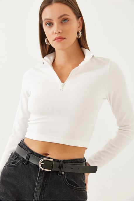 Geribbelde Lange Mouw Croptop met Ritskraag - Image 3