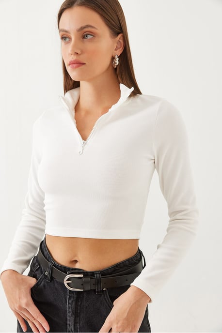 Geribbelde Lange Mouw Croptop met Ritskraag - Image 4
