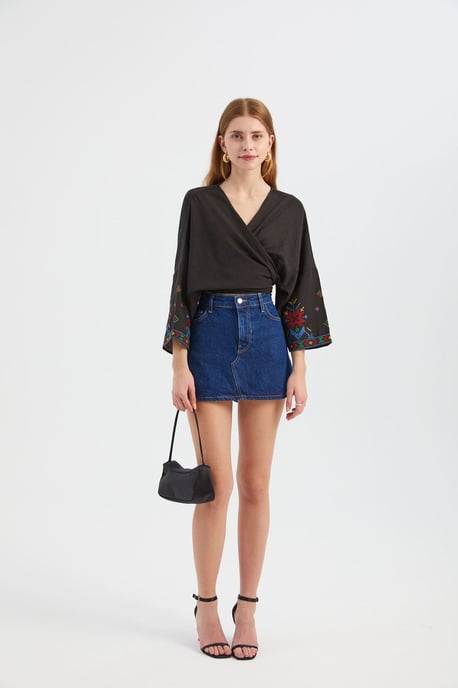 Broderad V-Hals Långärmad Boho Blus - Image 2