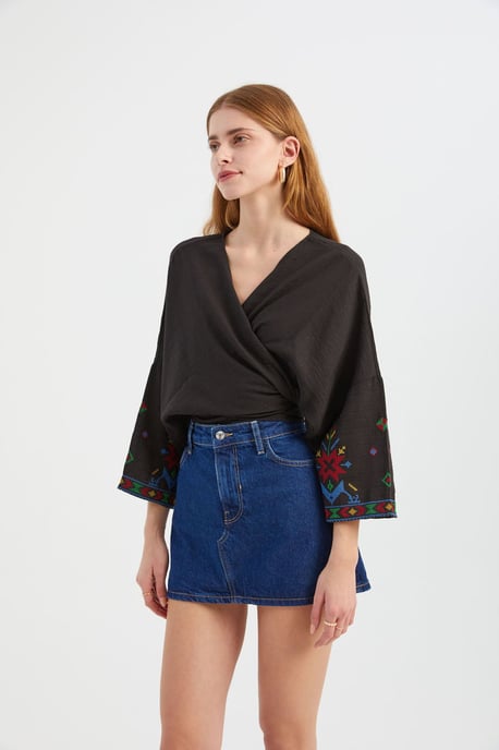 Broderad V-Hals Långärmad Boho Blus - Image 3