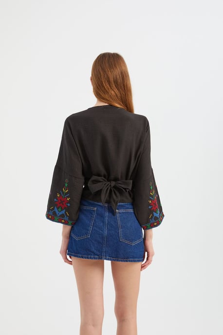 Broderad V-Hals Långärmad Boho Blus - Image 4