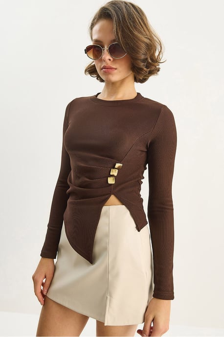 Crew Neck Long Sleeve Blouse with Accessory Detail - Image 1
