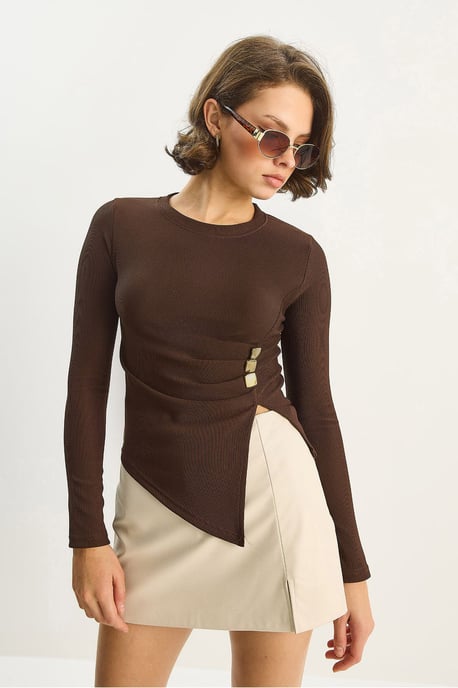 Crew Neck Long Sleeve Blouse with Accessory Detail - Image 2