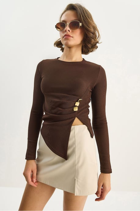 Crew Neck Long Sleeve Blouse with Accessory Detail - Image 3