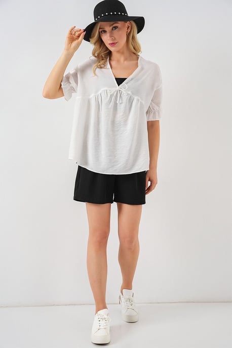 Texturerad V-ringad Blus med Slips - Image 2