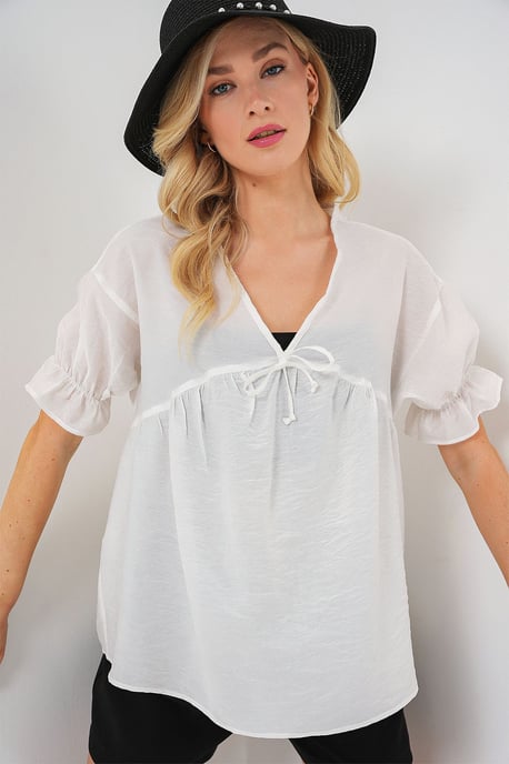 Texturerad V-ringad Blus med Slips - Image 3