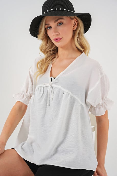 Texturerad V-ringad Blus med Slips - Image 4