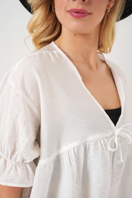 Texturerad V-ringad Blus med Slips - Image 5
