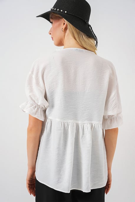 Texturerad V-ringad Blus med Slips - Image 6