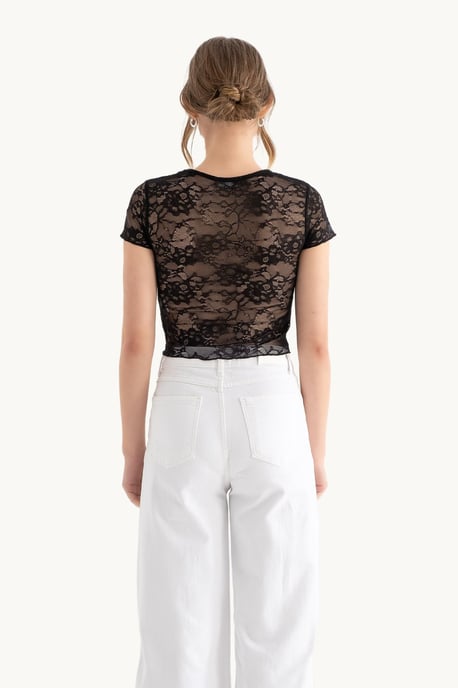 Flowers Embroidered Round Neck Mesh Top - Image 3