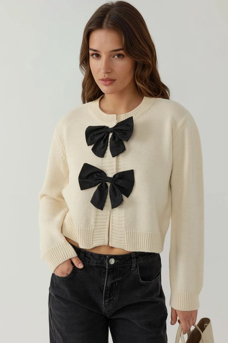 Thick Knit Crew Neck Cardigan with Bow Detail - Image 2