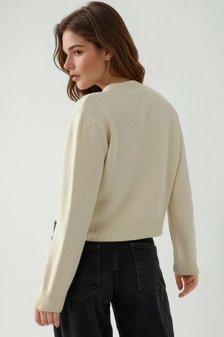Thick Knit Crew Neck Cardigan with Bow Detail - Image 3