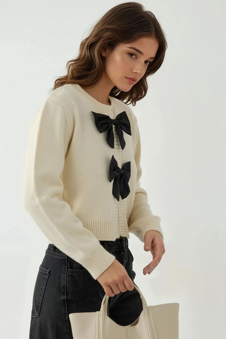 Thick Knit Crew Neck Cardigan with Bow Detail - Image 4
