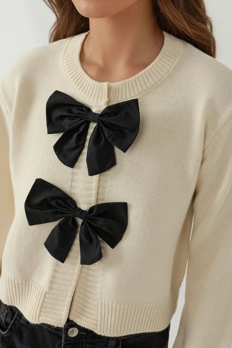 Thick Knit Crew Neck Cardigan with Bow Detail - Image 6