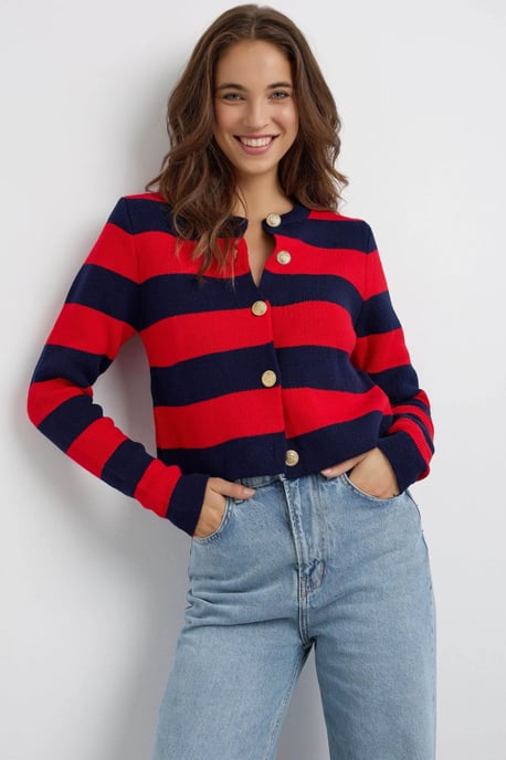 Knappad Randig Stickad Cardigan - Image 3