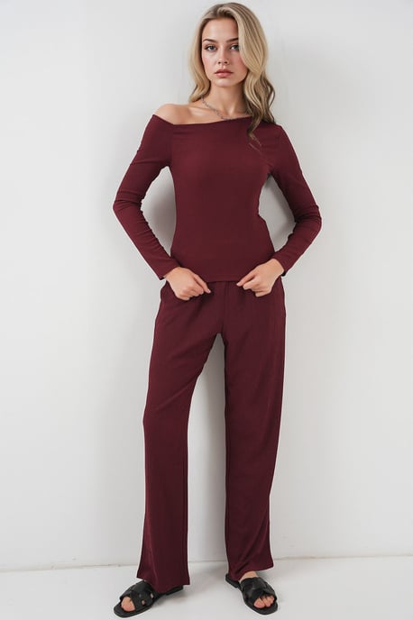 Textured Long Co-ord Set with Boat Neck - Image 1
