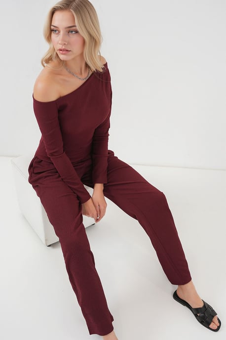 Textured Long Co-ord Set with Boat Neck - Image 2