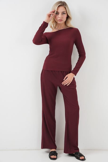 Textured Long Co-ord Set with Boat Neck - Image 3