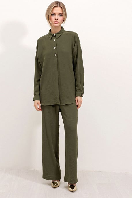 Textured Long Sleeve Button-Up Shirt and Wide Leg Pants Set - Image 1
