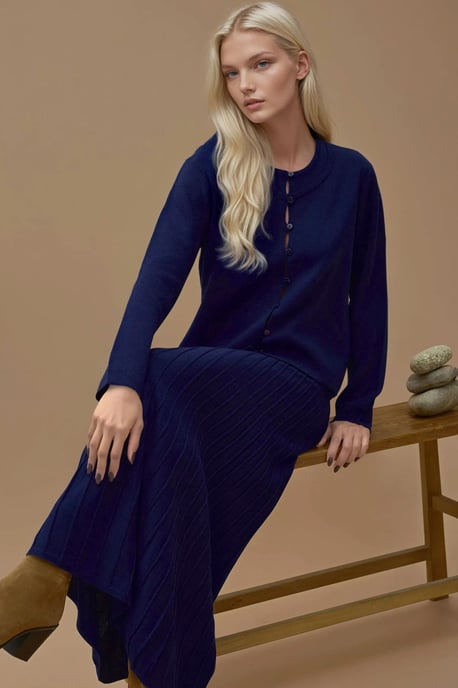 Textured Knit Co-Ord Set with Crew Neck Cardigan and Flared Skirt - Image 4