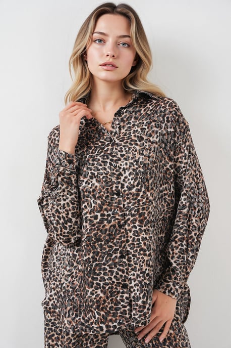 Leopardtryck Knapp-Up Skjorta och Vida Byxor Satäng Tvådelad Set - Image 2