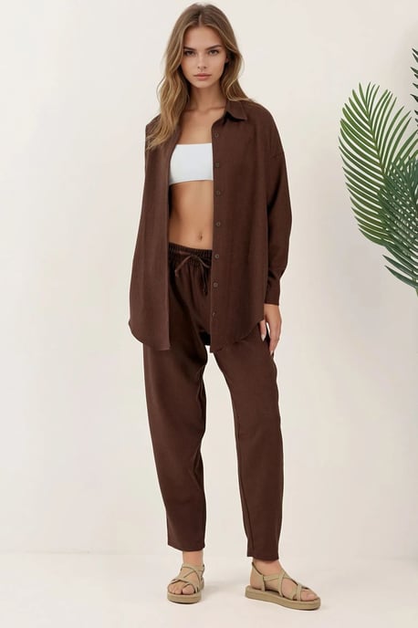 Linnenmix Lange Mouw Shirt en Broek Co-ord Set - Image 1
