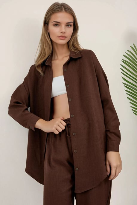 Linnenmix Lange Mouw Shirt en Broek Co-ord Set - Image 5