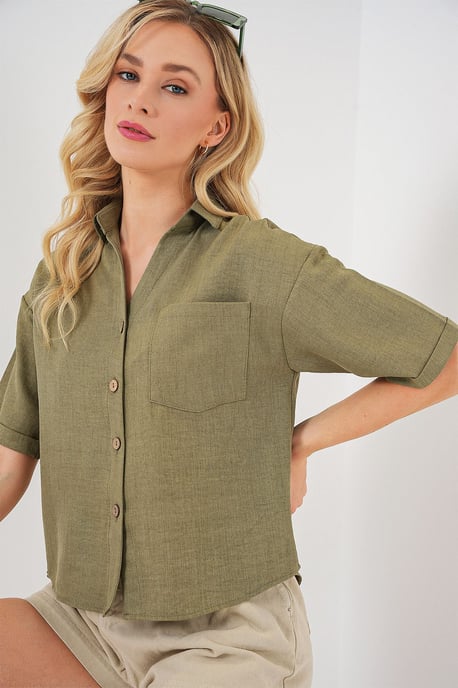 Linnen Gemengde Korte Mouwen Knopen Crop Shirt - Image 3