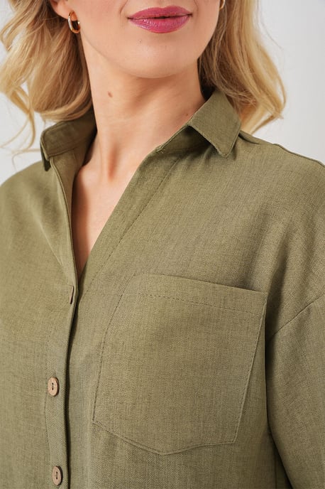 Linnen Gemengde Korte Mouwen Knopen Crop Shirt - Image 5