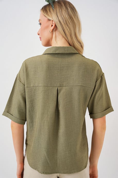 Linnen Gemengde Korte Mouwen Knopen Crop Shirt - Image 6