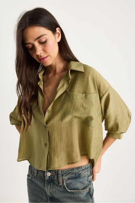 Geribbelde Gestreepte Crop Shirt met Knopsluiting en Zak - Image 2