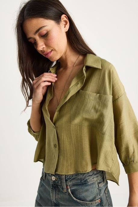 Geribbelde Gestreepte Crop Shirt met Knopsluiting en Zak - Image 3