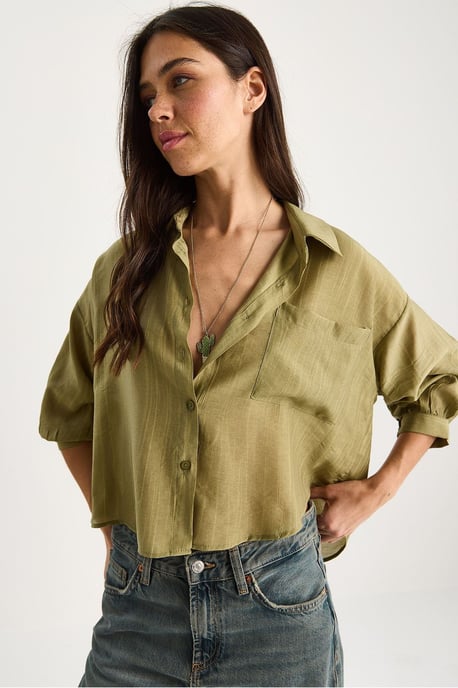 Geribbelde Gestreepte Crop Shirt met Knopsluiting en Zak - Image 4
