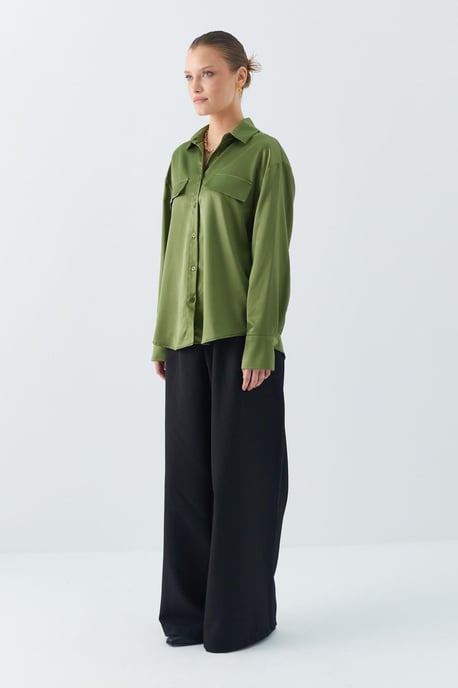 Satin Button-Up Shirt with Pocket Detail - Image 2