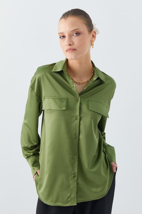 Satin Button-Up Shirt with Pocket Detail - Image 3