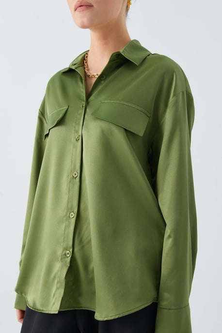 Satin Button-Up Shirt with Pocket Detail - Image 4