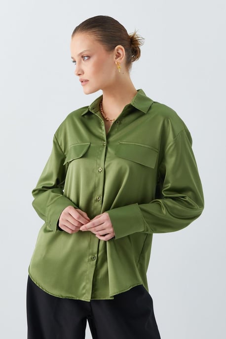 Satin Button-Up Shirt with Pocket Detail - Image 5
