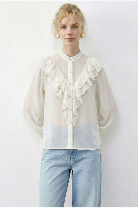 Volangkrage Mandarin Långärmad Chiffon Skjorta - Image 3