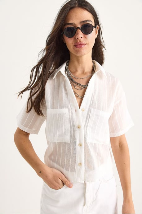 Textured Striped Crop Shirt with Pocket - Image 2