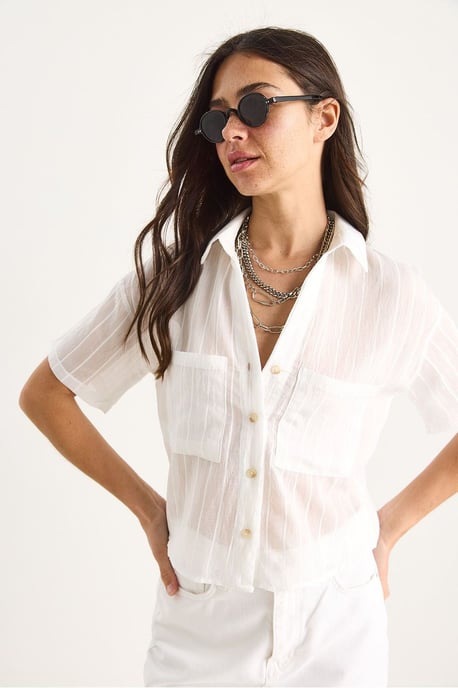Textured Striped Crop Shirt with Pocket - Image 3